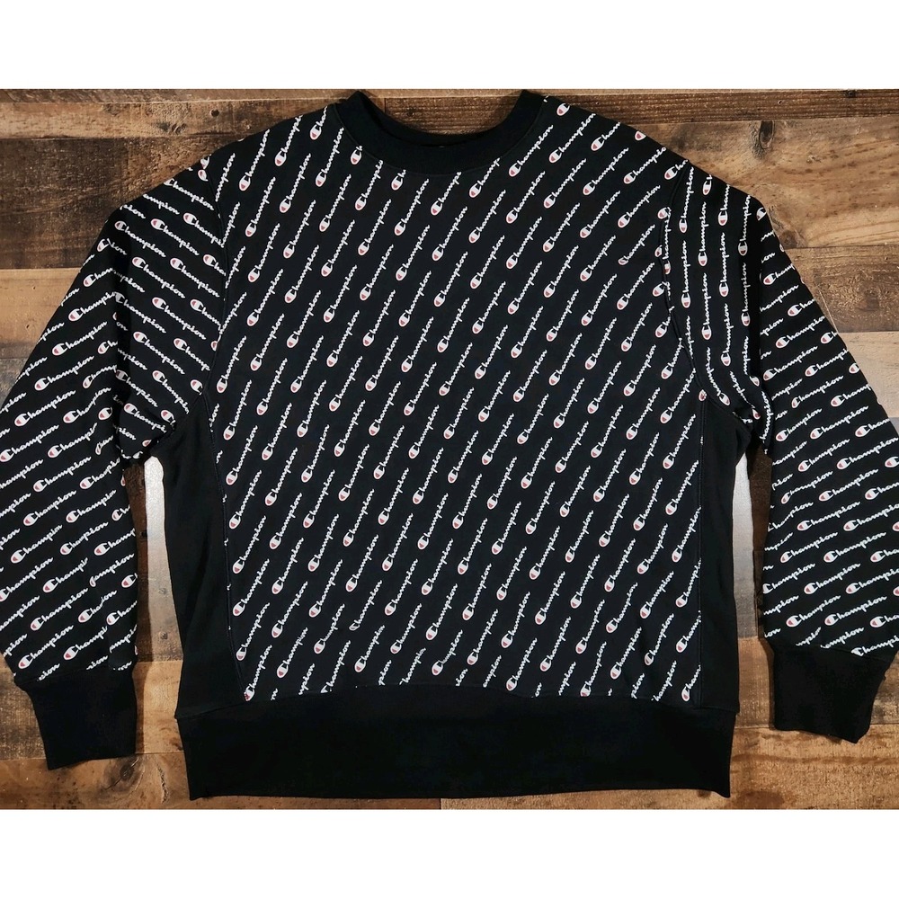 Champion Reverse Weave Sweatshirt Mens XL Black All Over Print Monogram